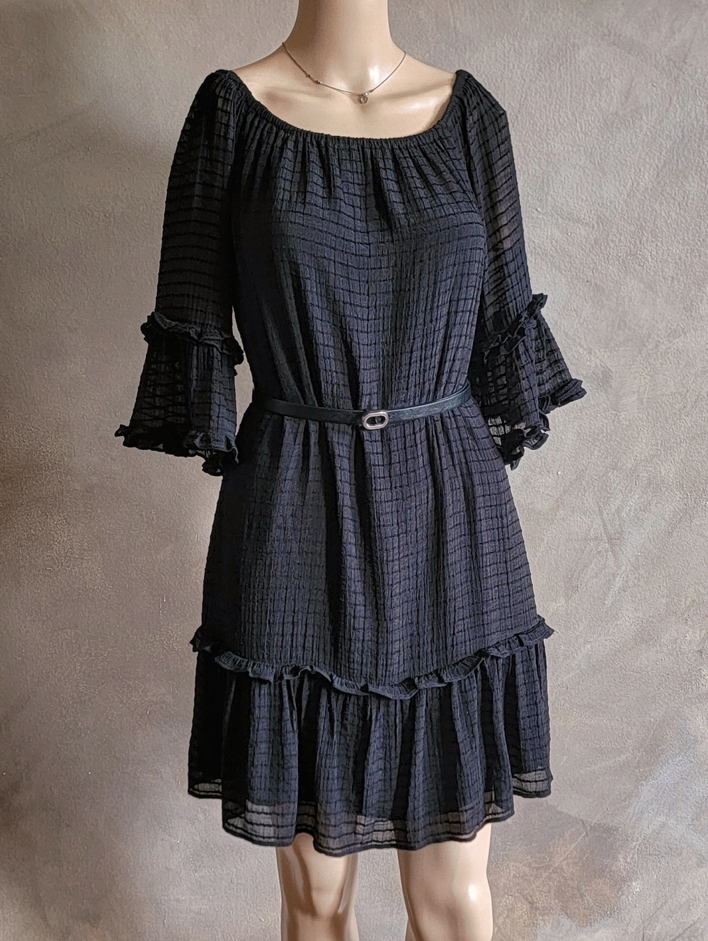 CeCe Black Off-Shoulder Ruffle Dress with Sheer Sleeves Small